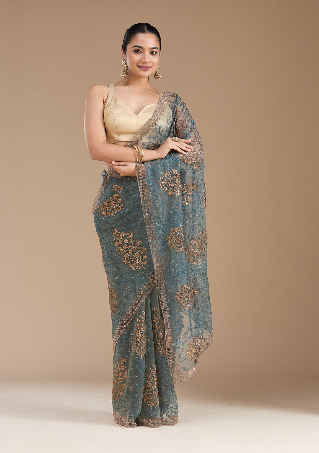 Navy Blue Zariwork (Antique) Tissue Saree_koskii