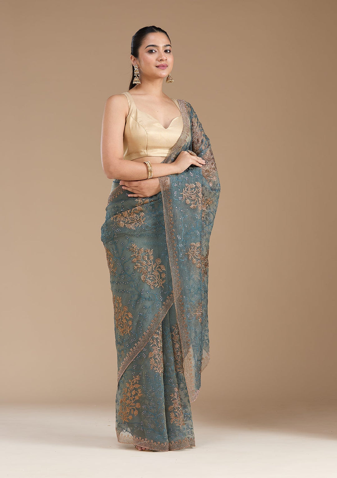 Navy Blue Zariwork (Antique) Tissue Saree_koskii