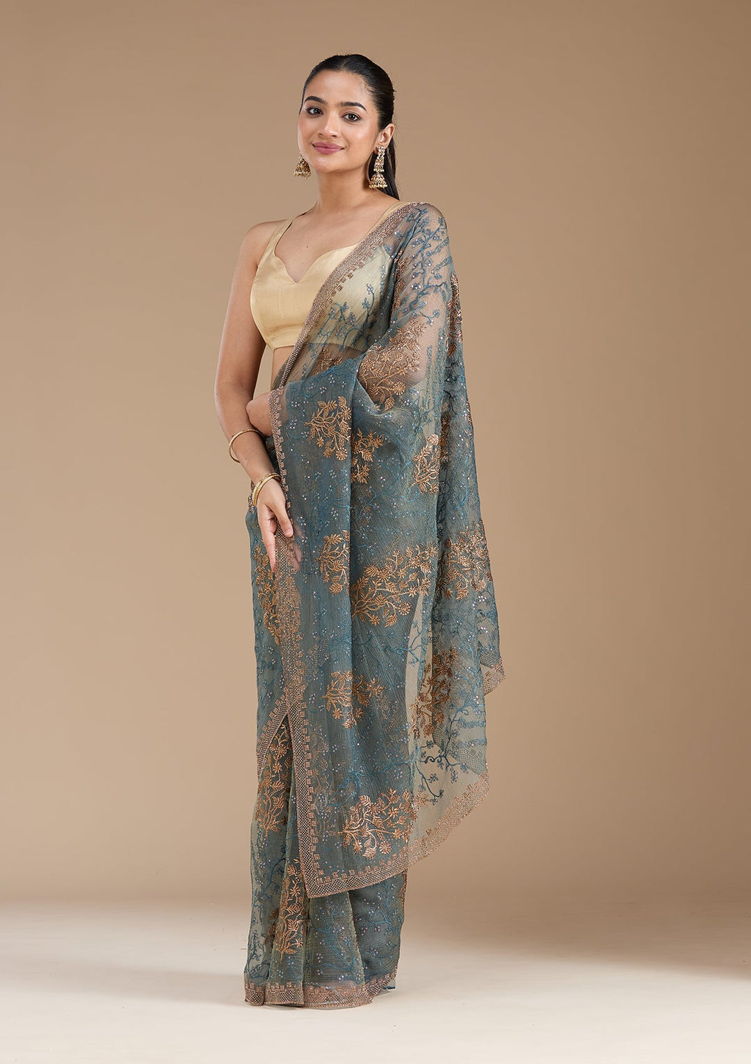 Navy Blue Zariwork (Antique) Tissue Saree_koskii