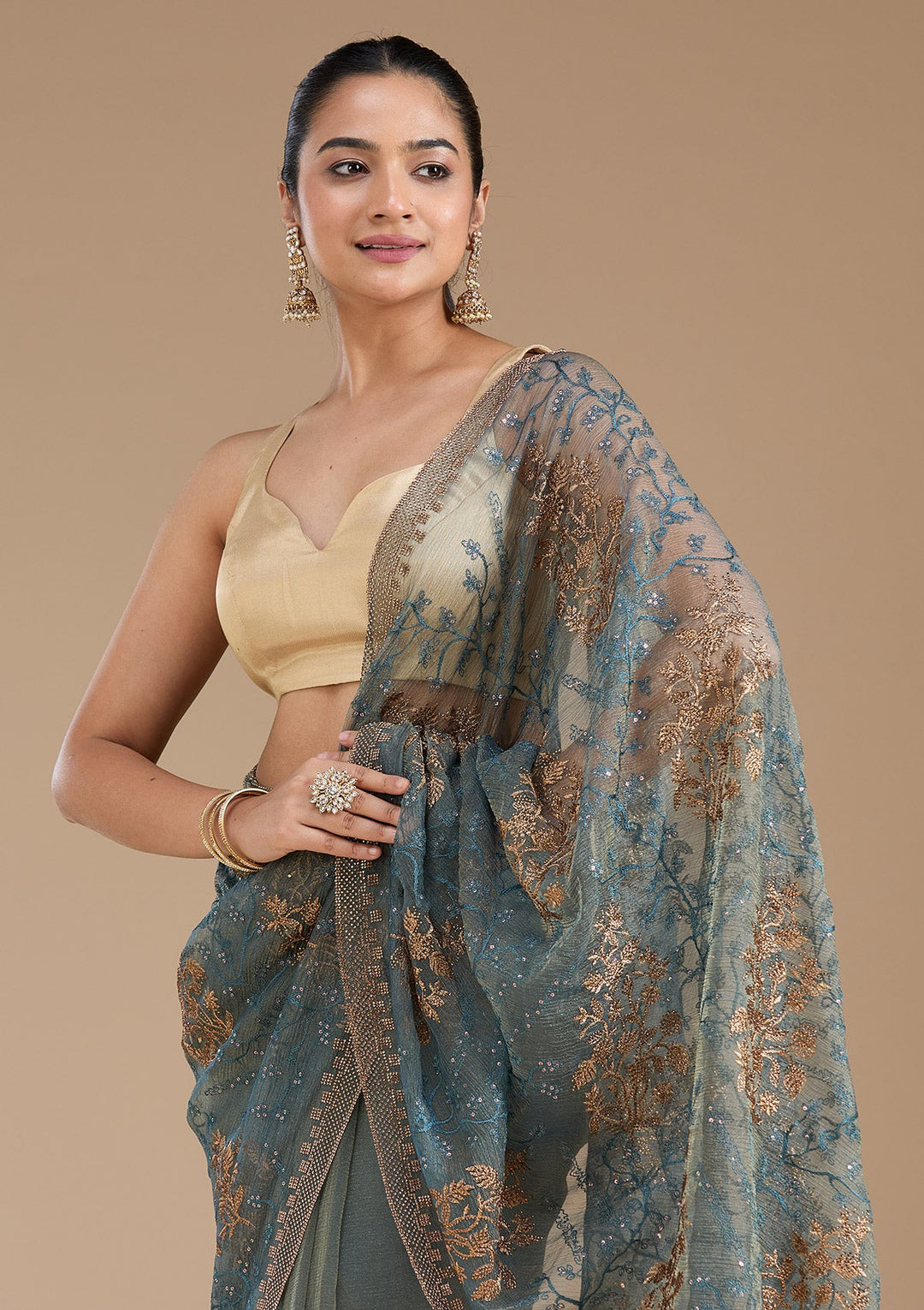 Navy Blue Zariwork (Antique) Tissue Saree_koskii