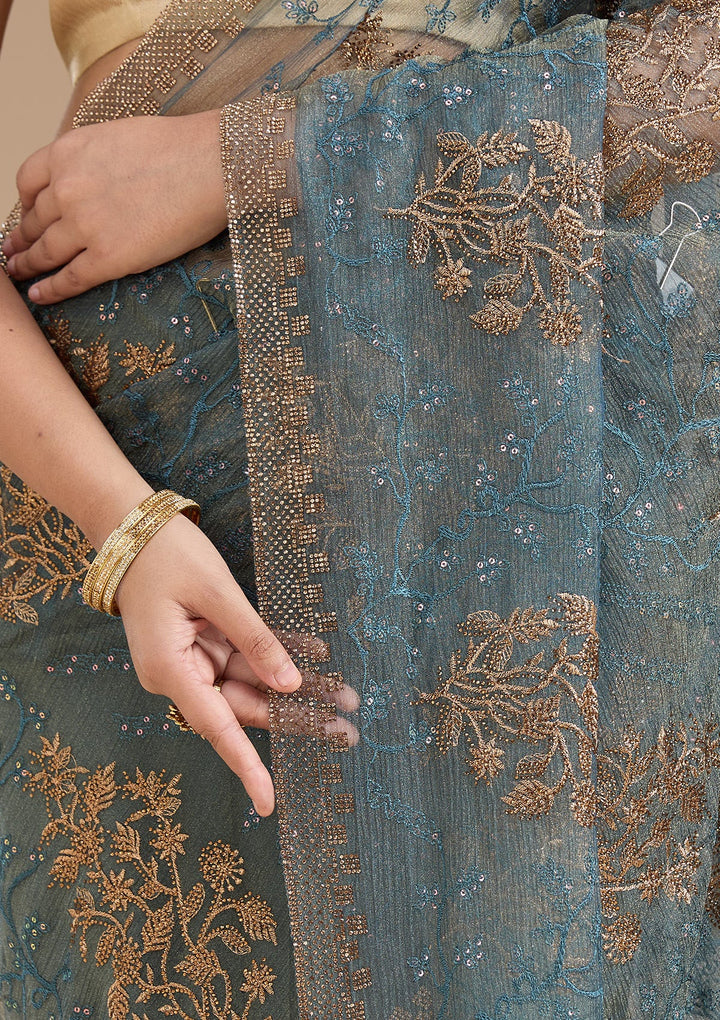 Navy Blue Zariwork (Antique) Tissue Saree_koskii