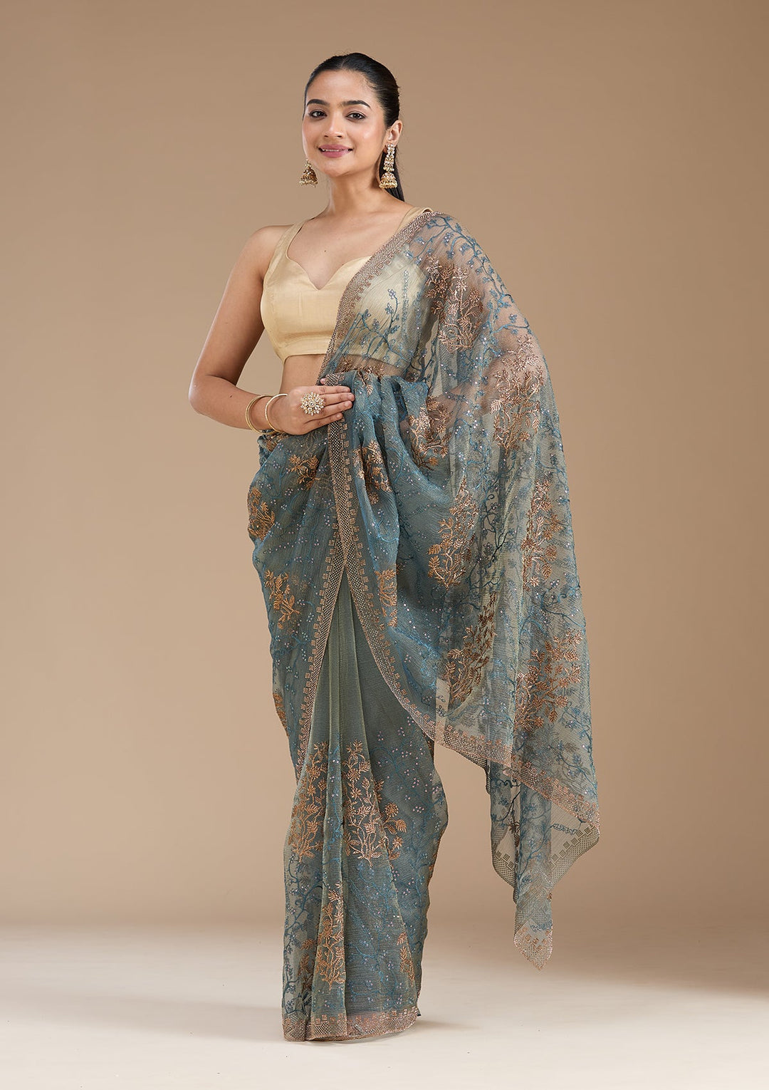 Navy Blue Zariwork (Antique) Tissue Saree_koskii