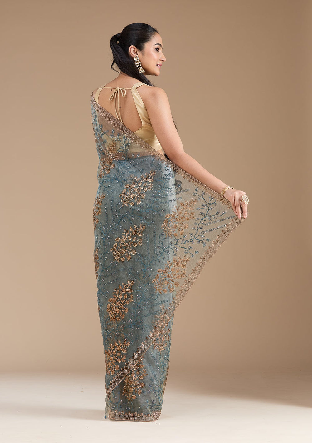Navy Blue Zariwork (Antique) Tissue Saree_koskii
