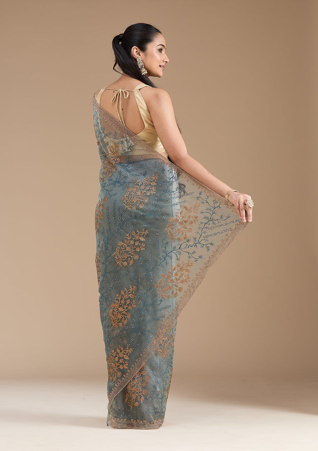 Navy Blue Zariwork (Antique) Tissue Saree_koskii