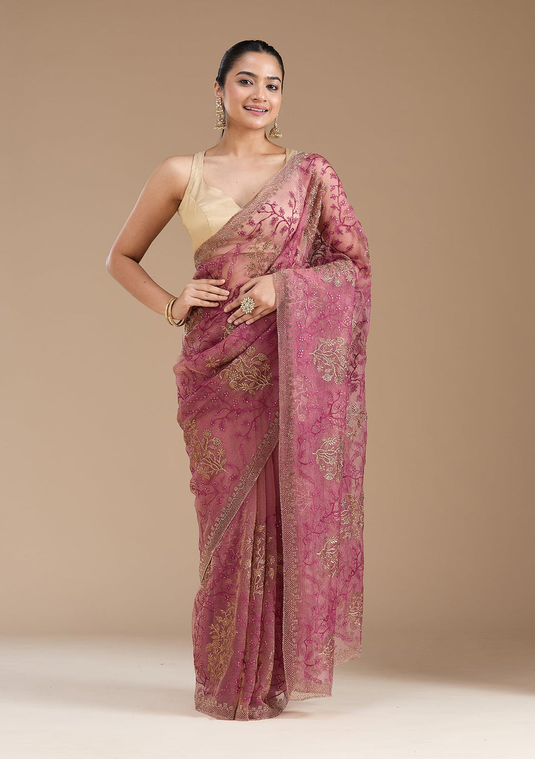 Wine Zariwork (Antique) Tissue Saree_koskii