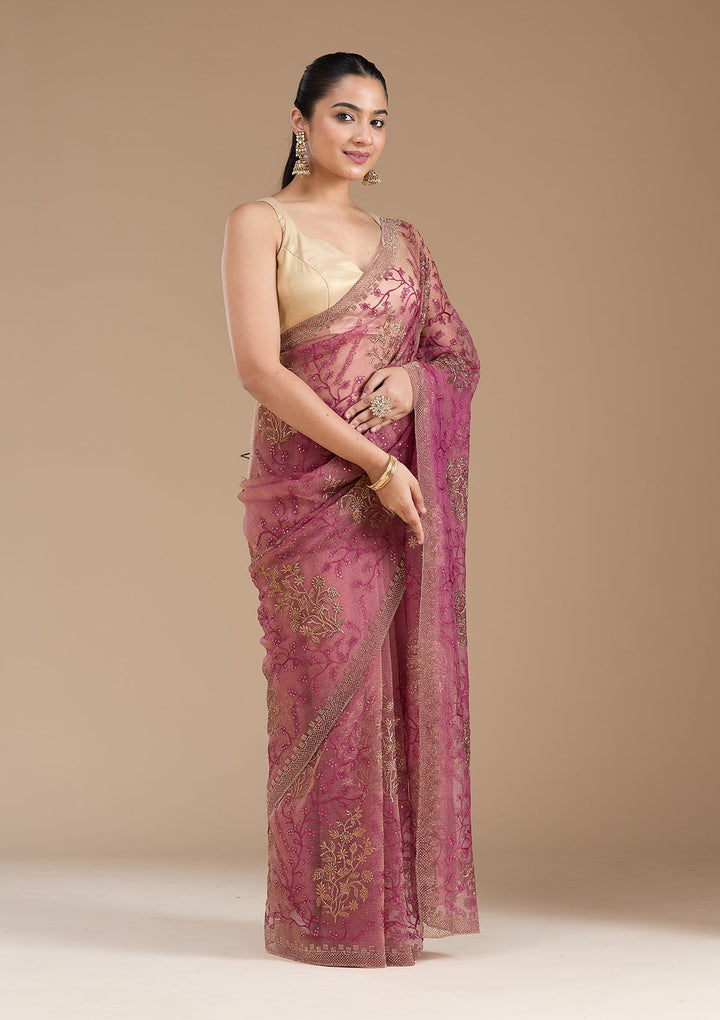 Wine Zariwork (Antique) Tissue Saree_koskii