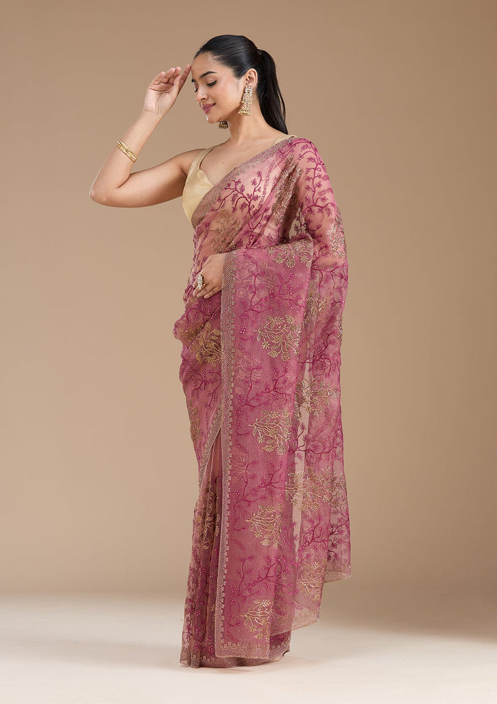 Wine Zariwork (Antique) Tissue Saree_koskii