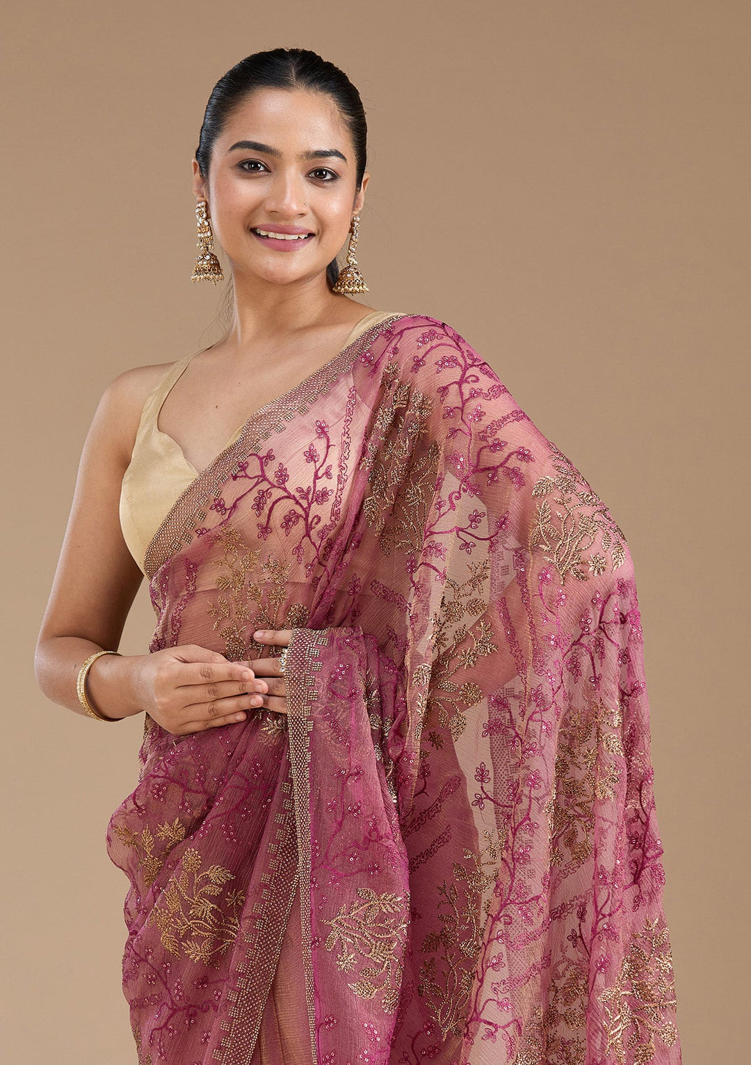 Wine Zariwork (Antique) Tissue Saree_koskii