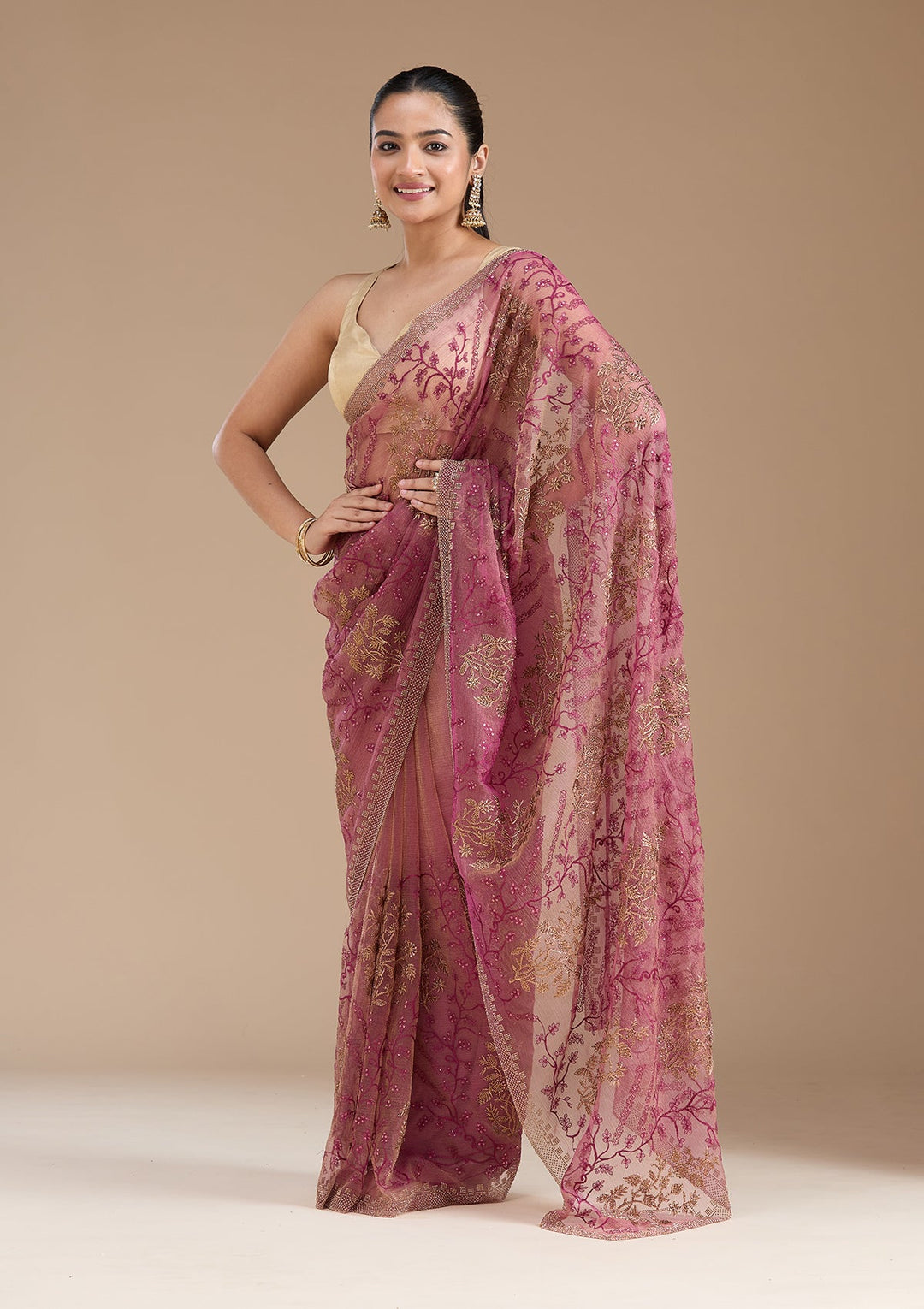 Wine Zariwork (Antique) Tissue Saree_koskii