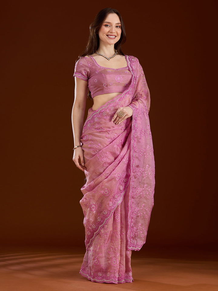 Pink Threadwork Tissue Saree