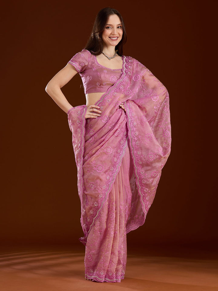 Pink Threadwork Tissue Saree