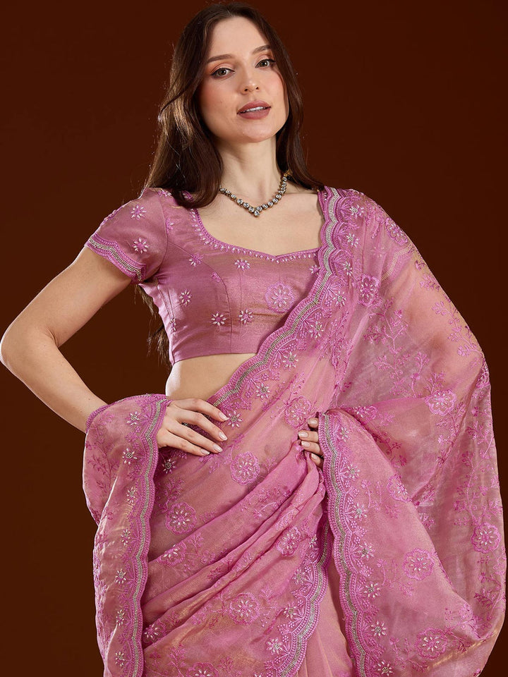 Pink Threadwork Tissue Saree