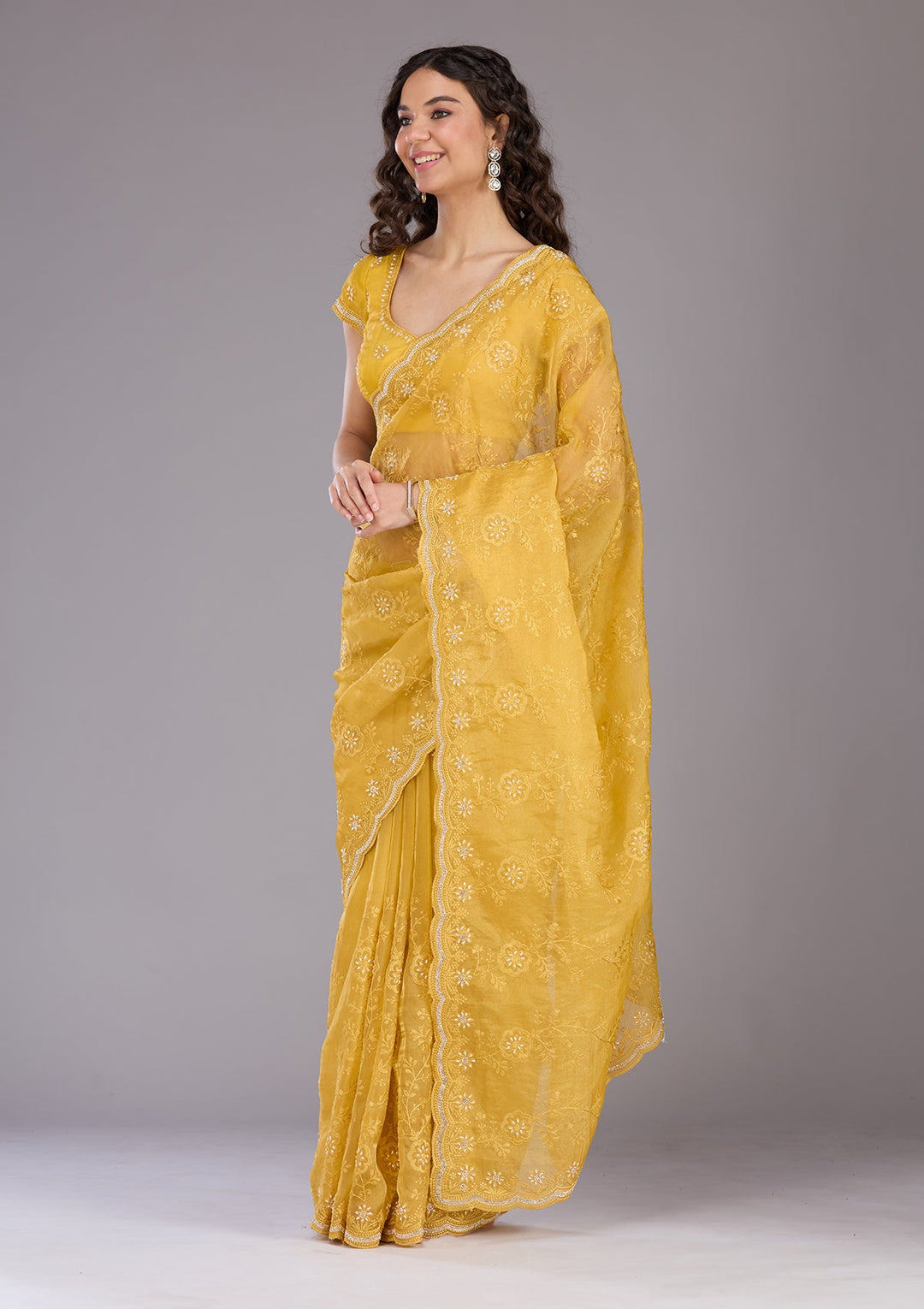 Yellow Threadwork Tissue Saree