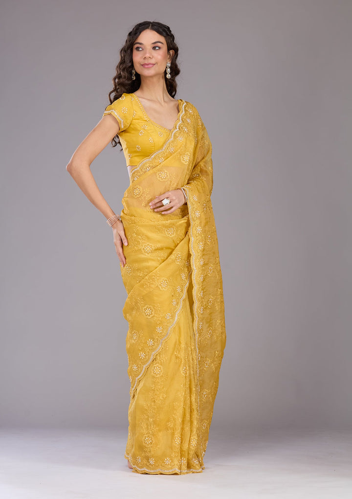 Yellow Threadwork Tissue Saree