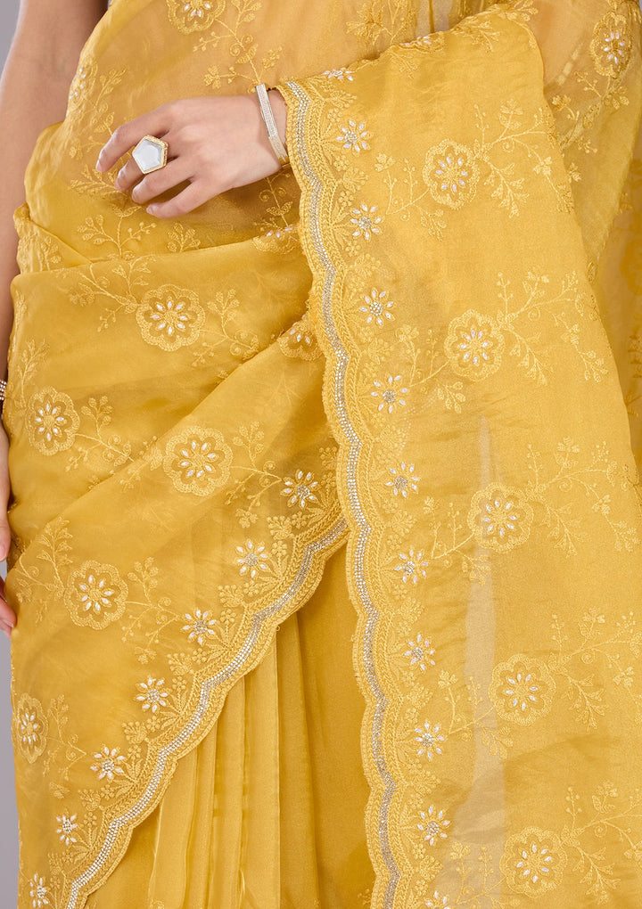 Yellow Threadwork Tissue Saree