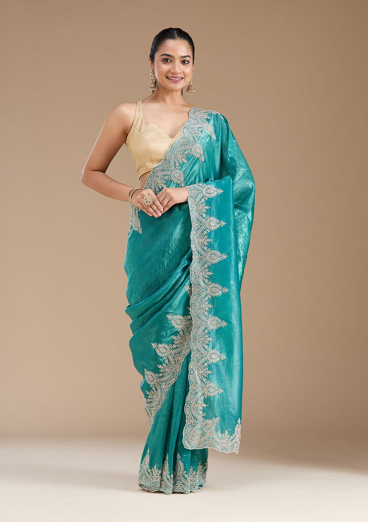 Rama Green Threadwork Organza Saree_koskii