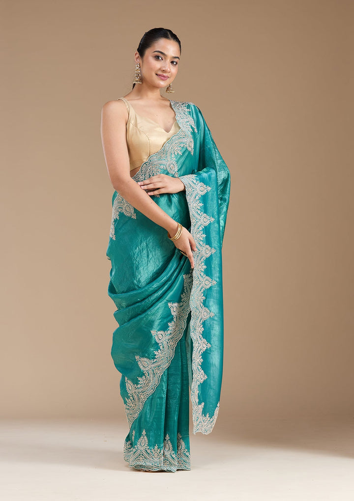 Rama Green Threadwork Organza Saree_koskii