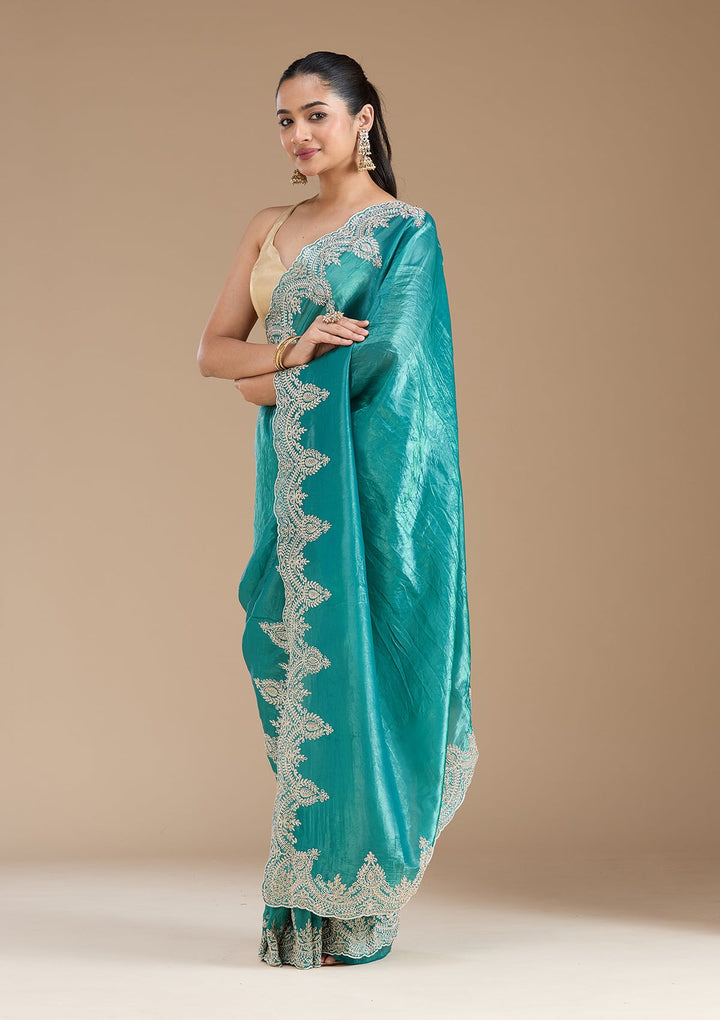 Rama Green Threadwork Organza Saree_koskii