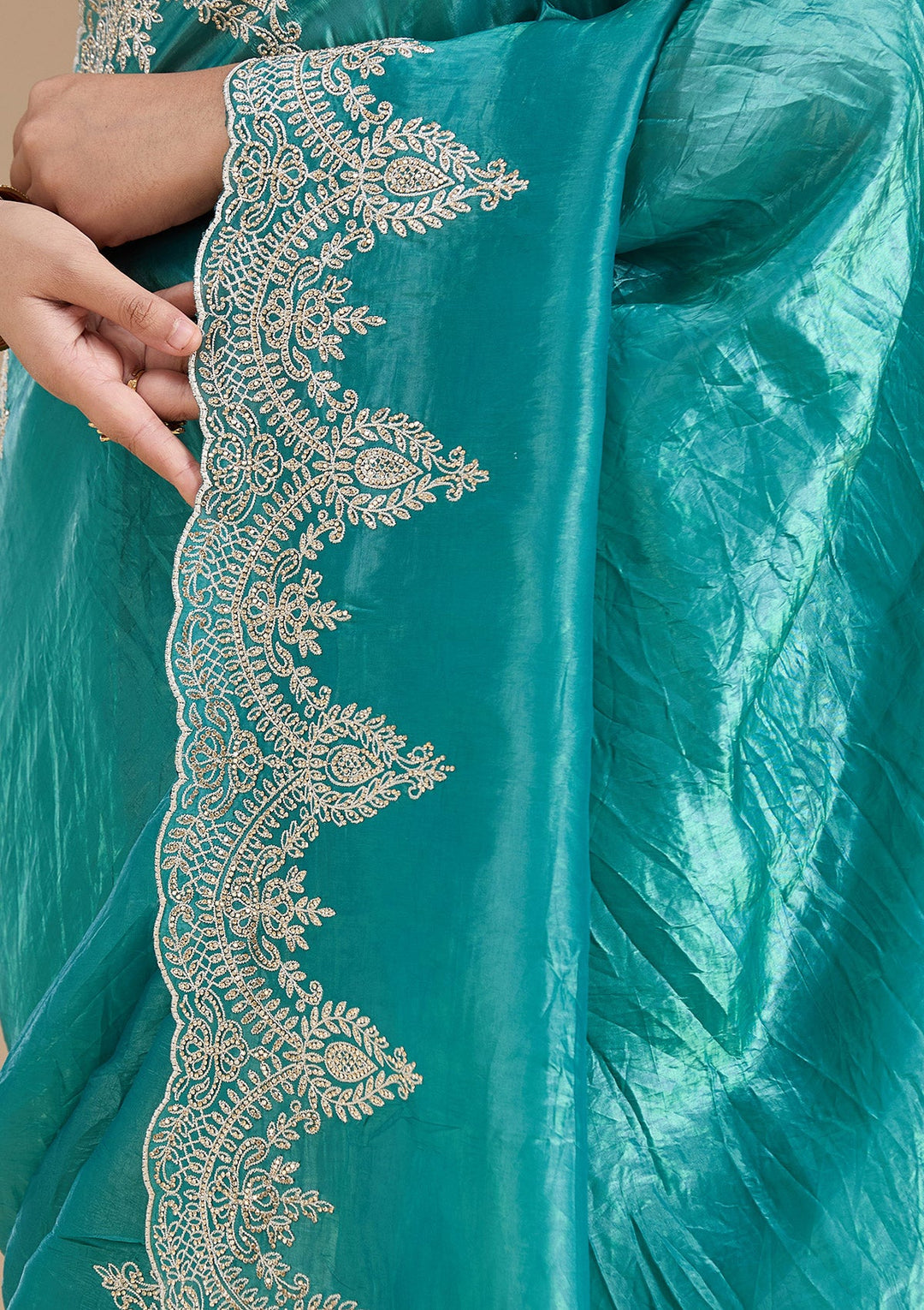 Rama Green Threadwork Organza Saree_koskii