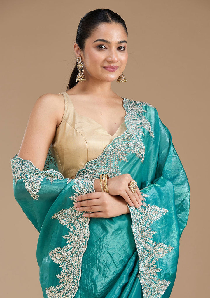 Rama Green Threadwork Organza Saree_koskii