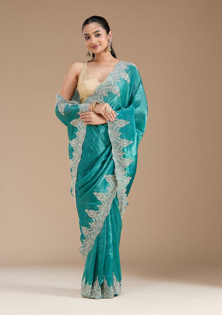 Rama Green Threadwork Organza Saree_koskii