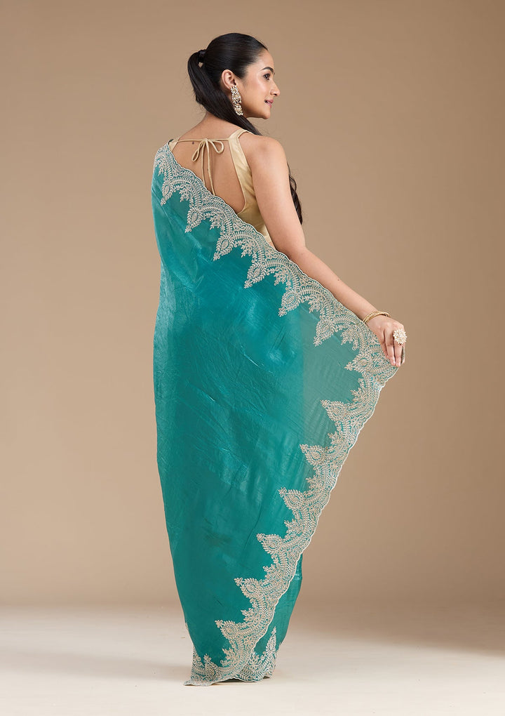 Rama Green Threadwork Organza Saree_koskii