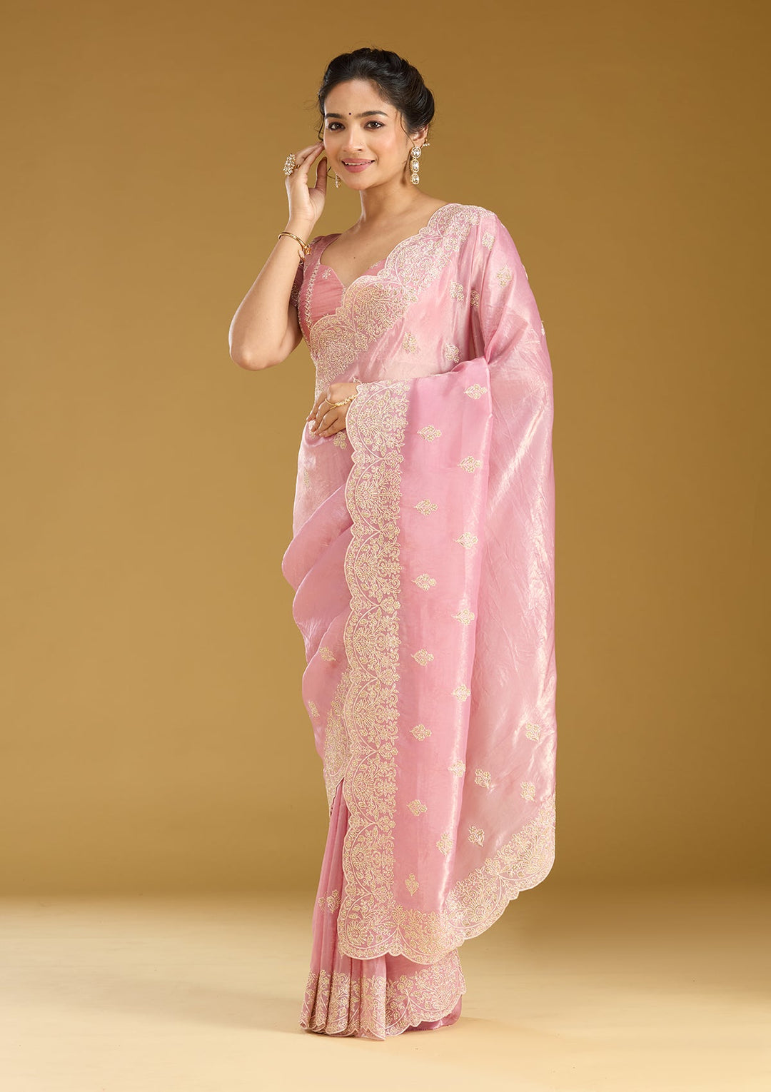 Onion Pink Threadwork Organza Saree