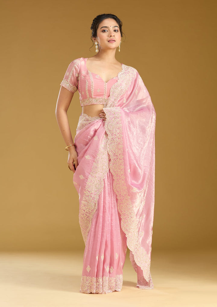 Onion Pink Threadwork Organza Saree