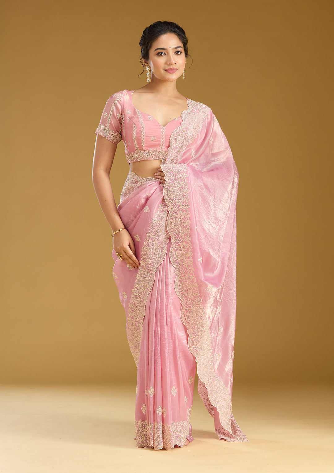 Onion Pink Threadwork Organza Saree