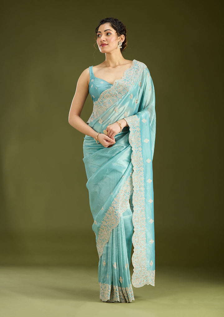 Sky Blue Threadwork Organza Saree