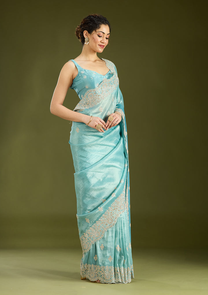 Sky Blue Threadwork Organza Saree