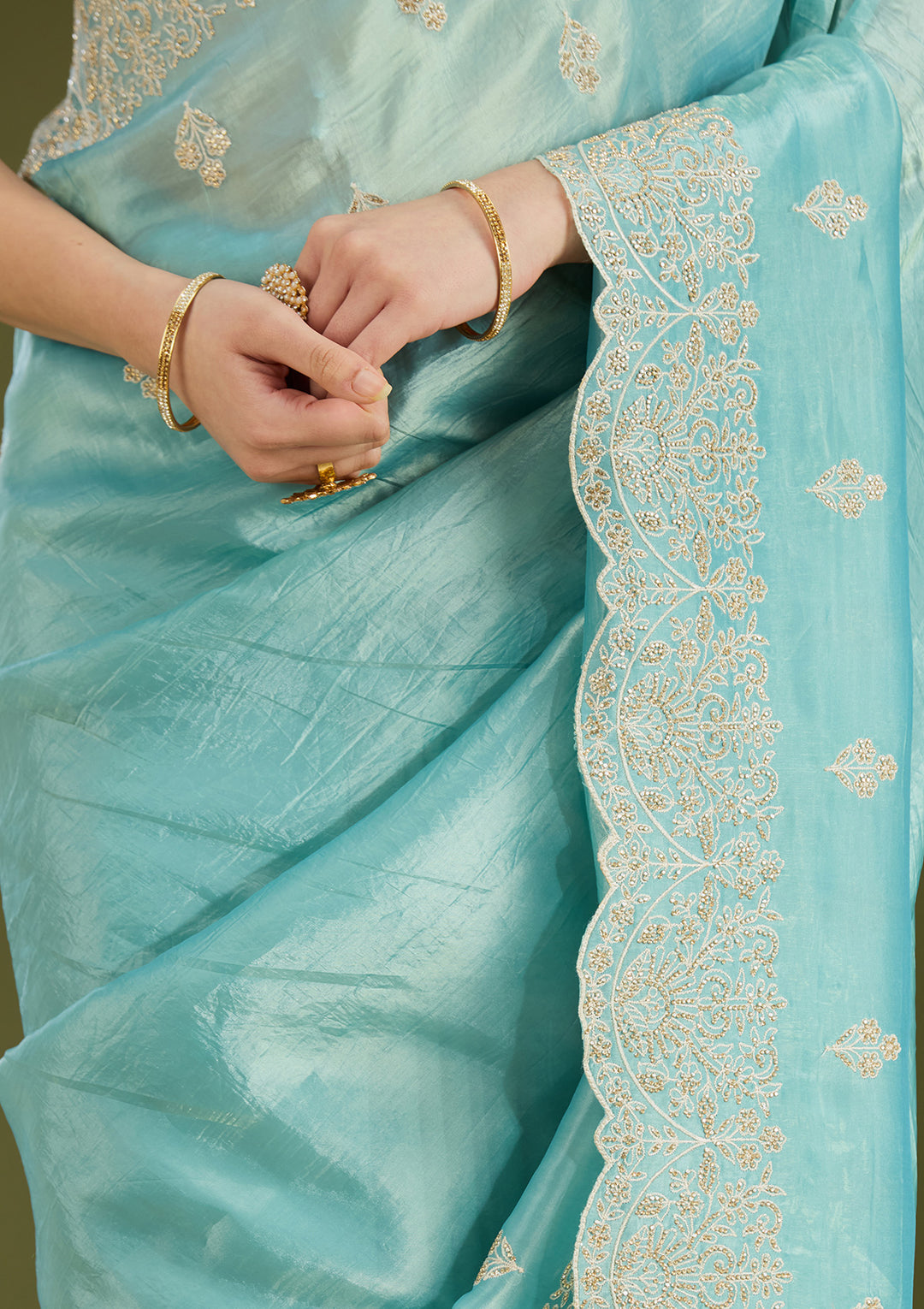Sky Blue Threadwork Organza Saree