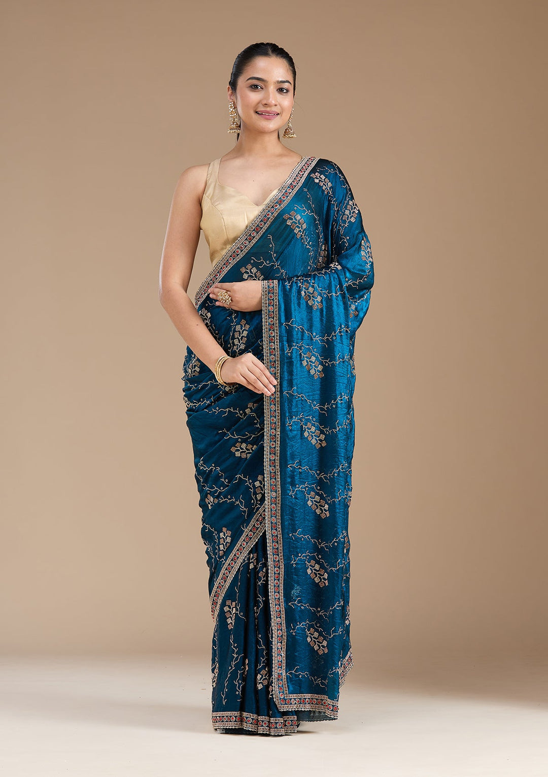Royal Blue Stonework (Gold) Tissue Saree_koskii
