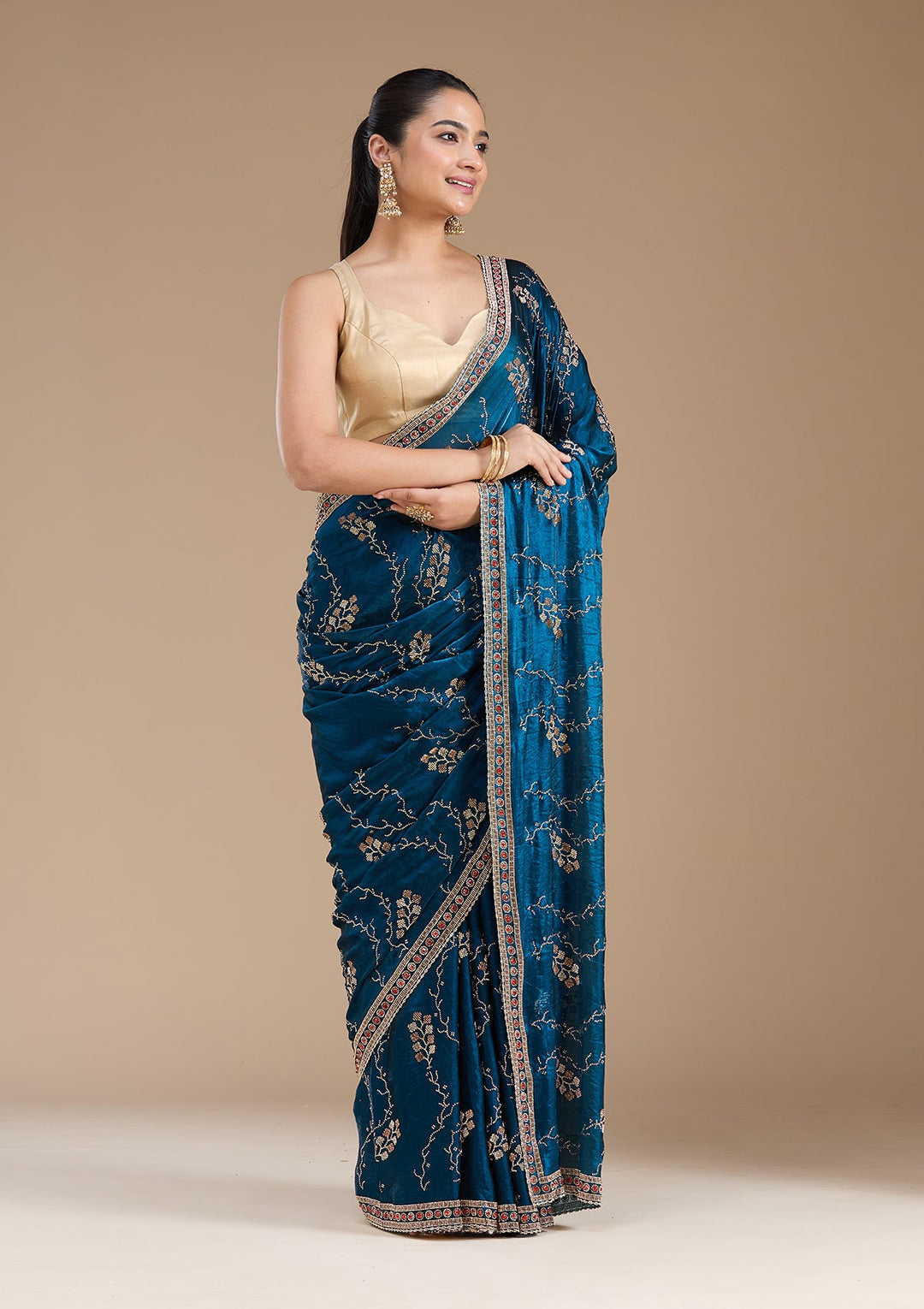 Royal Blue Stonework (Gold) Tissue Saree_koskii
