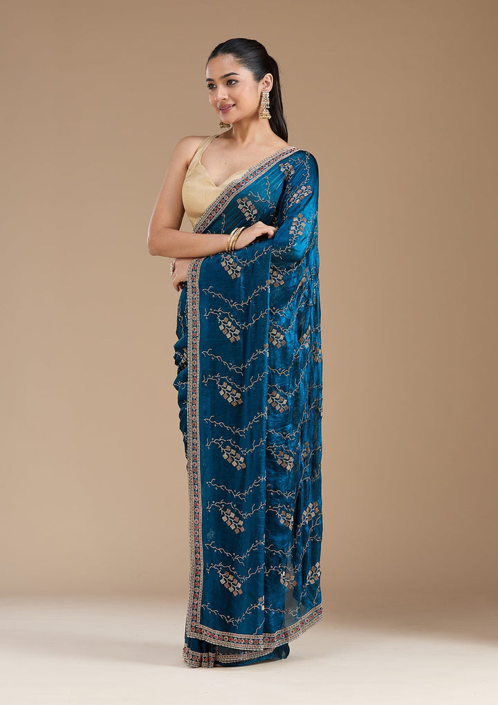 Royal Blue Stonework (Gold) Tissue Saree_koskii