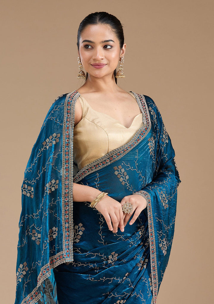 Royal Blue Stonework (Gold) Tissue Saree_koskii