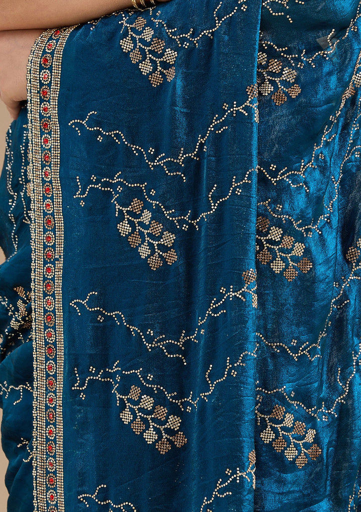 Royal Blue Stonework (Gold) Tissue Saree_koskii
