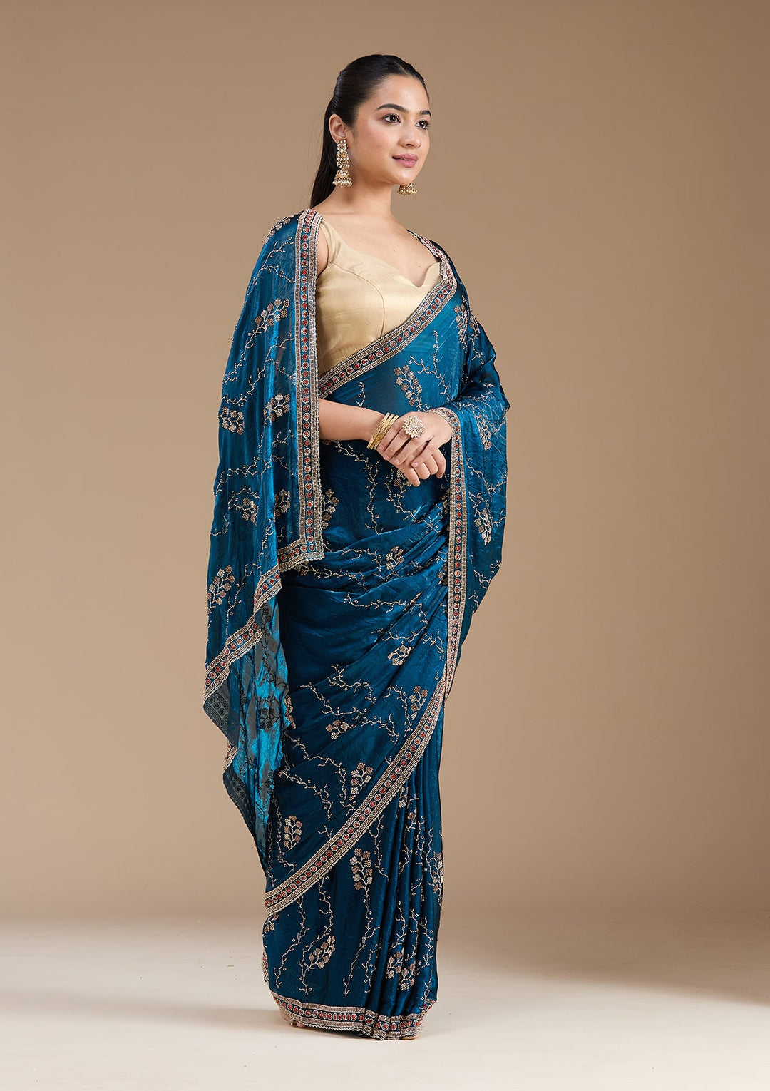 Royal Blue Stonework (Gold) Tissue Saree_koskii