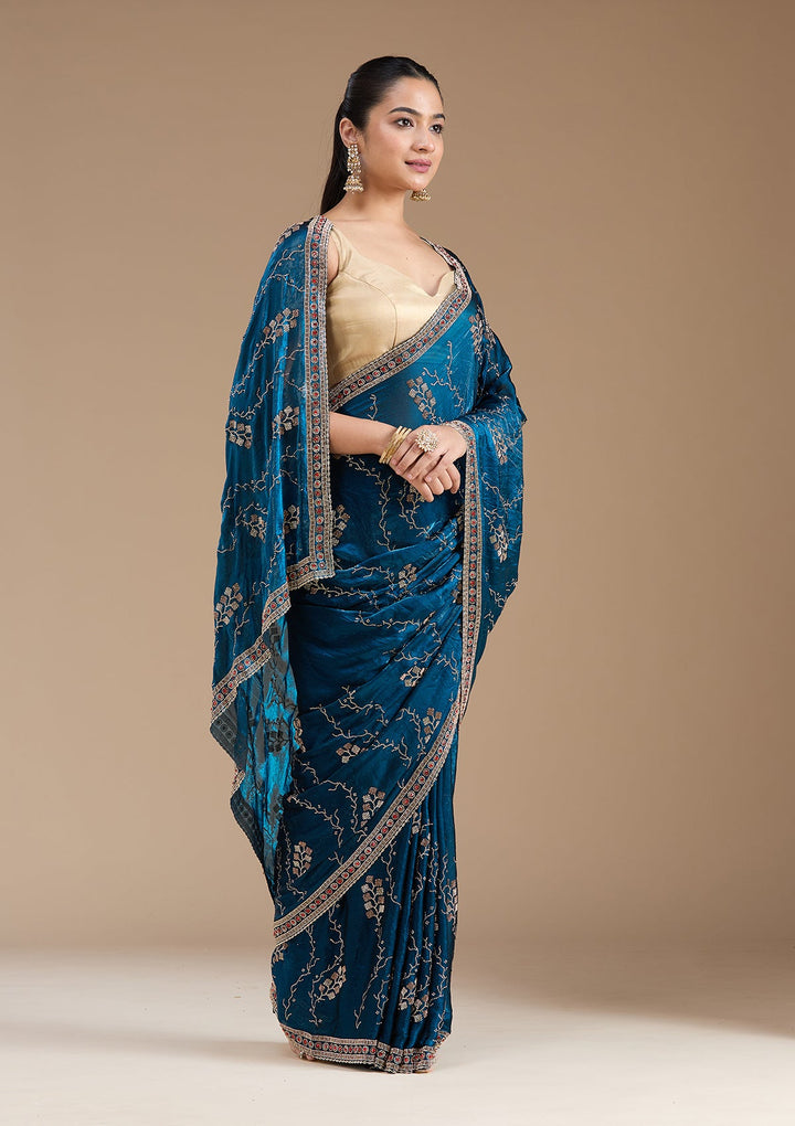 Royal Blue Stonework (Gold) Tissue Saree_koskii