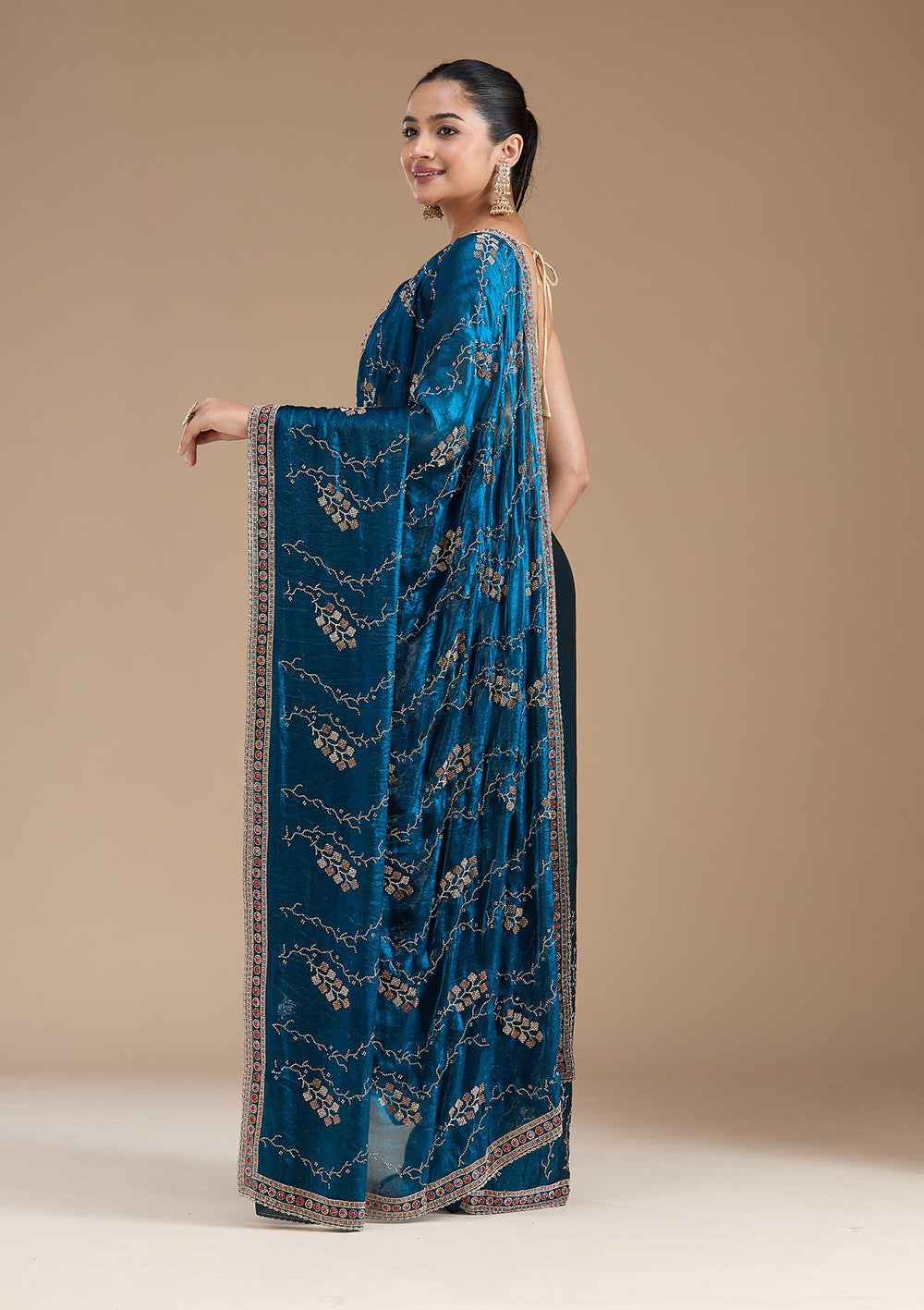 Royal Blue Stonework (Gold) Tissue Saree_koskii
