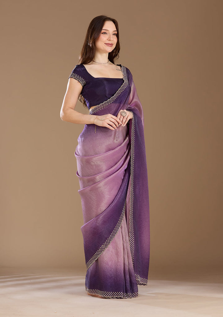 Lavender Stonework (Gold) Organza Saree