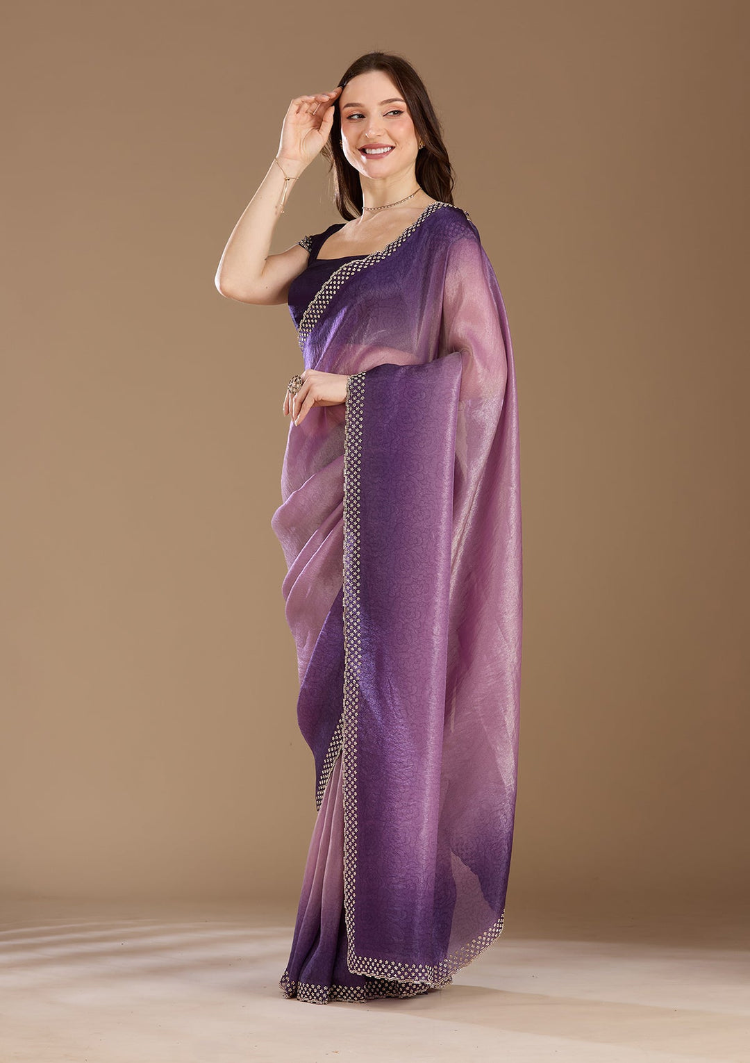 Lavender Stonework (Gold) Organza Saree