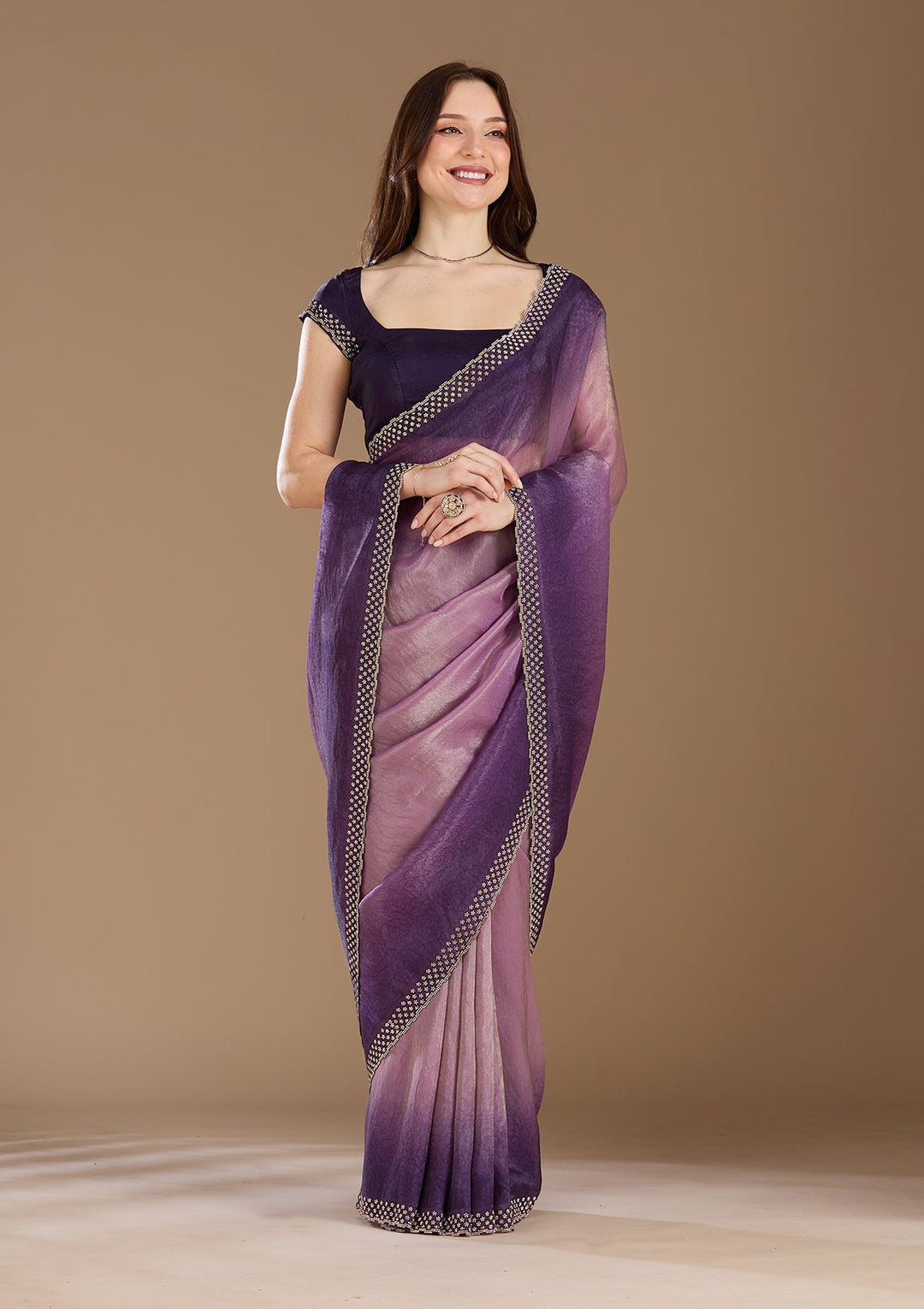 Lavender Stonework (Gold) Organza Saree