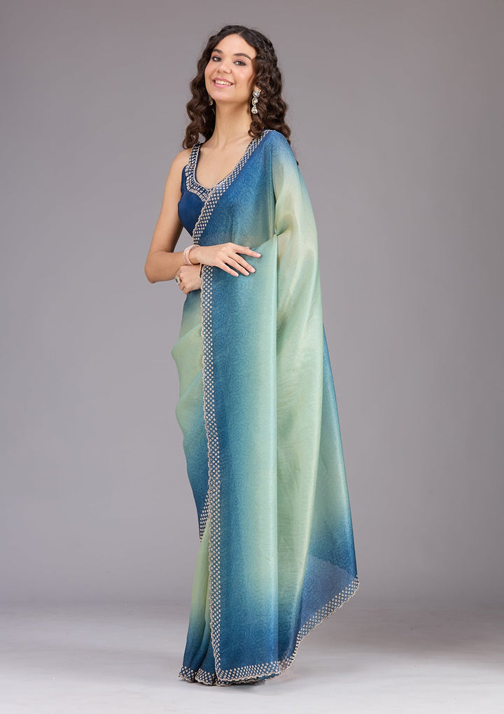 Pista Green Stonework (Gold) Organza Saree