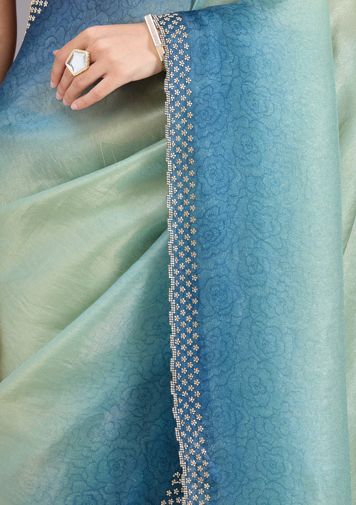 Pista Green Stonework (Gold) Organza Saree