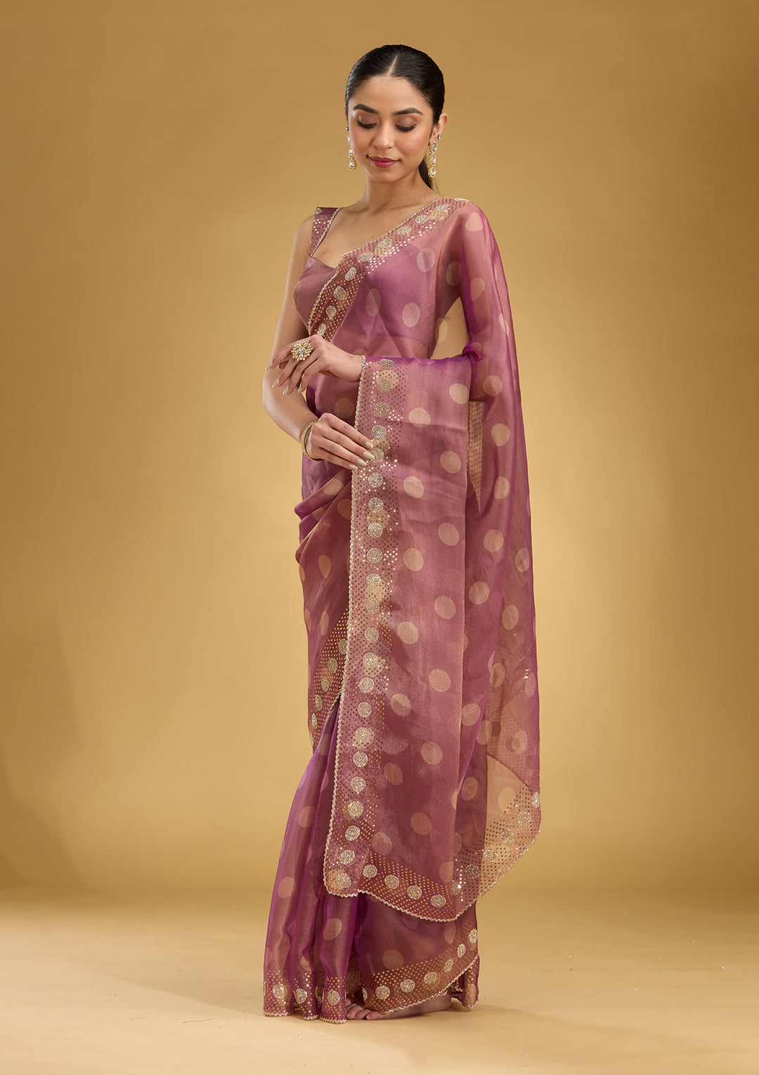 Onion Pink Stonework (Gold) Tissue Saree