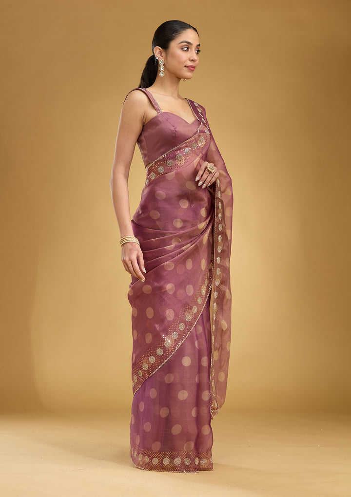 Onion Pink Stonework (Gold) Tissue Saree