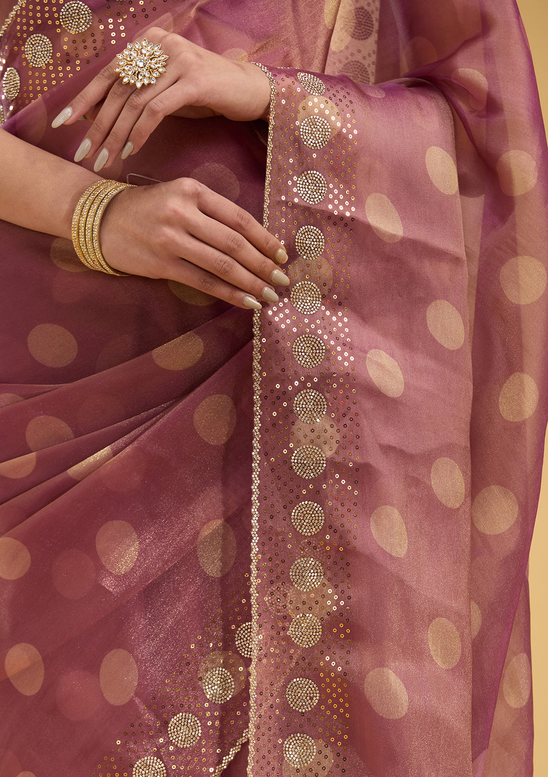 Onion Pink Stonework (Gold) Tissue Saree