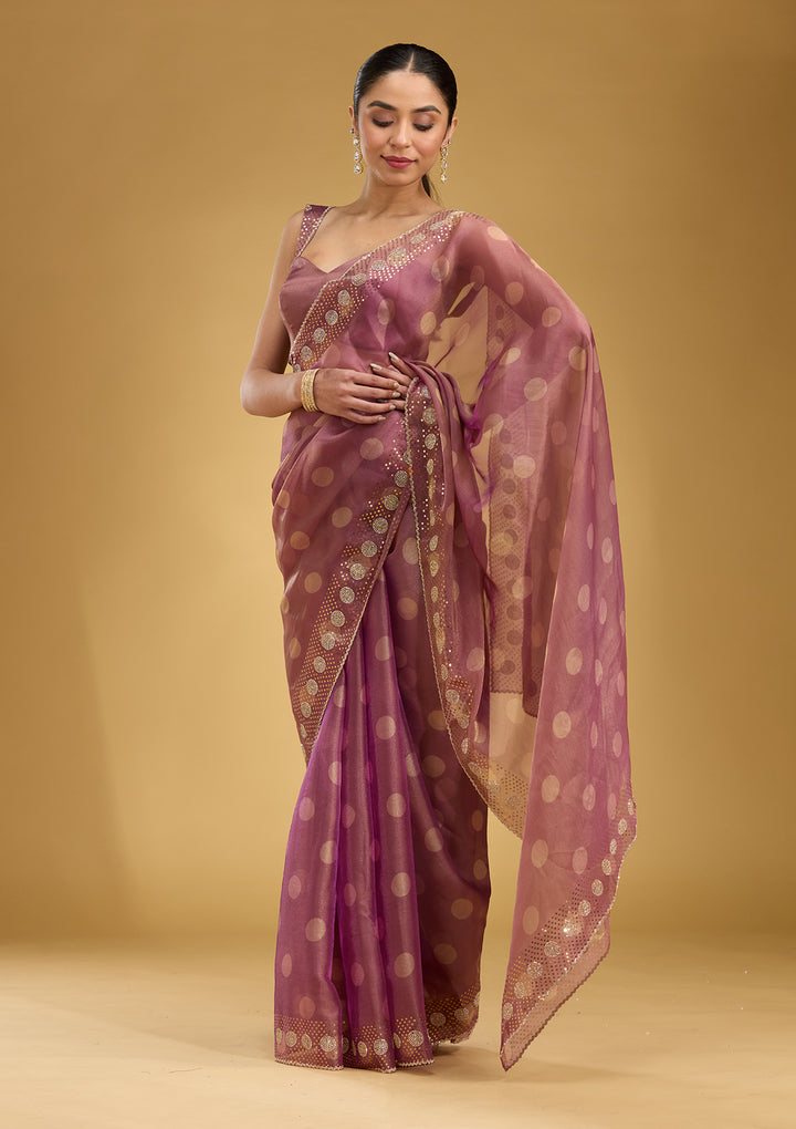 Onion Pink Stonework (Gold) Tissue Saree