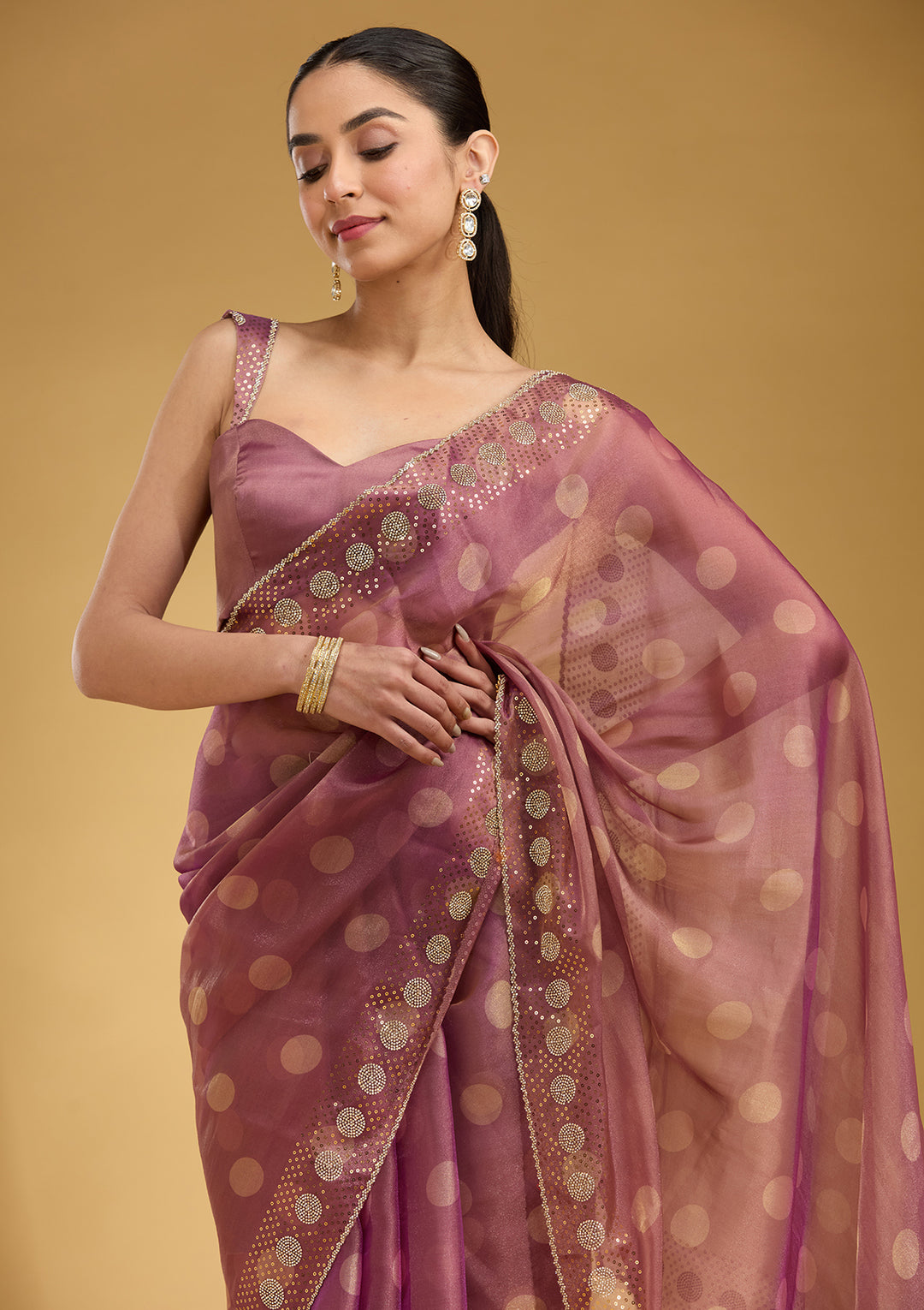 Onion Pink Stonework (Gold) Tissue Saree